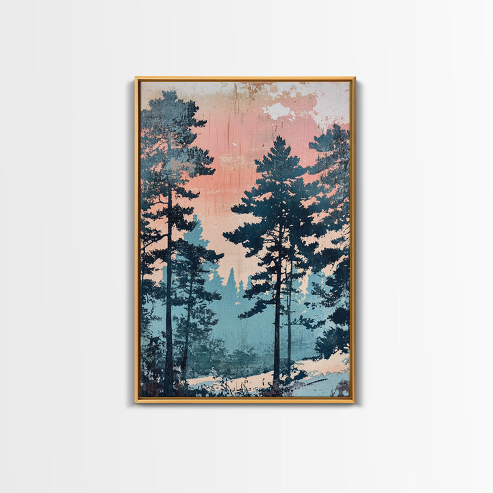 Misty Pine Forest Sunrise Wall Art, Pink Blue Nature Landscape Print, Scandinavian Decor, Calming Bedroom Or Office Decor
