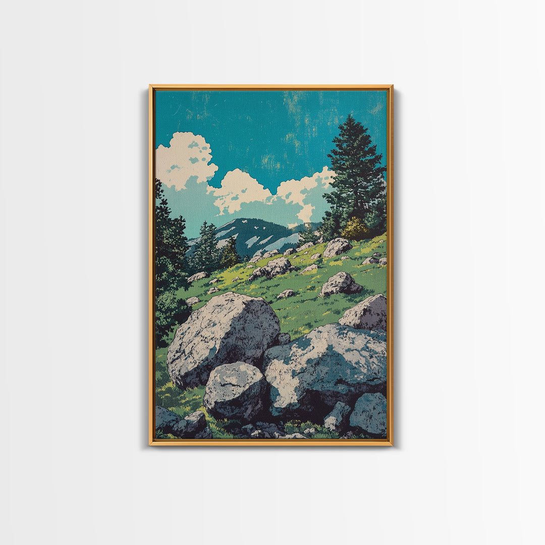 Alpine Meadow Boulder Wall Art, Mountain Landscape Print, Rustic Cabin Decor, Nature Poster, Large Canvas Art For Living Room