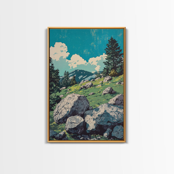 Alpine Meadow Boulder Wall Art, Mountain Landscape Print, Rustic Cabin Decor, Nature Poster, Large Canvas Art For Living Room