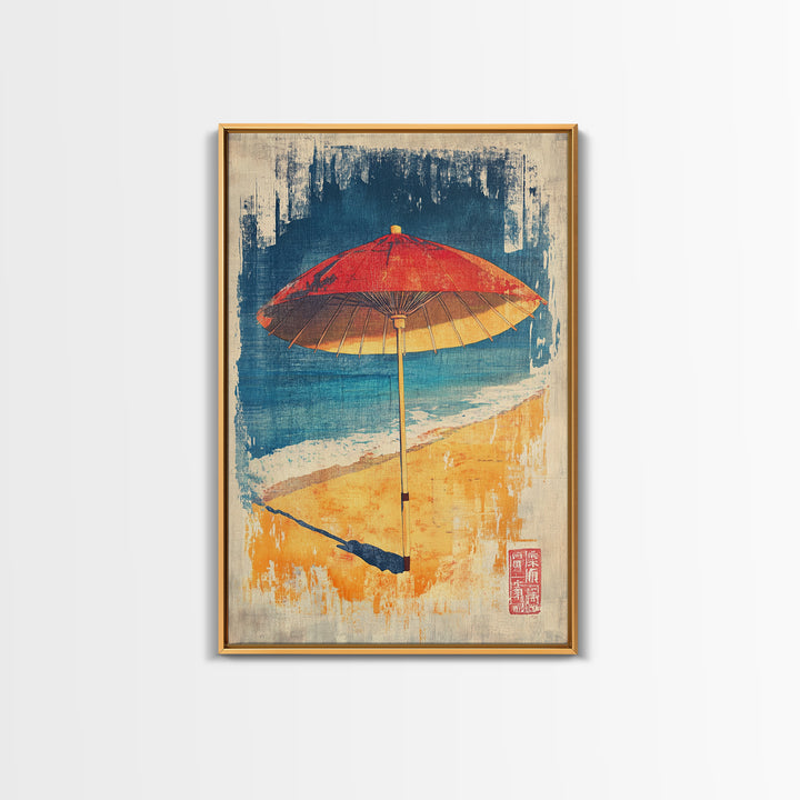 Red Beach Umbrella Canvas Print, Coastal Wall Art, Summer Beach House Decor, Tropical Ocean Poster, Bright Bathroom Wall Decor