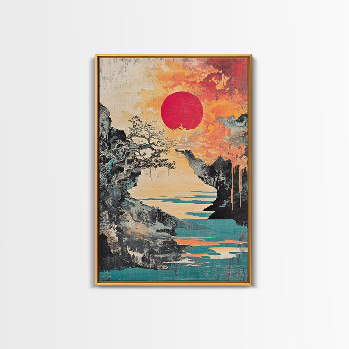 Dramatic Rocky Cove Sunset Red Sun Canvas Print, Japanese Mountain Landscape Art, Coastal Wall Decor, Modern Japandi Living Room Art