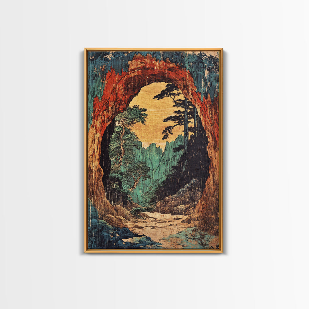 Cave Arch Forest Path And Mountain View Wall Art, Japanese Woodblock Style Print, Rustic Japandi Decor, Statement Artwork