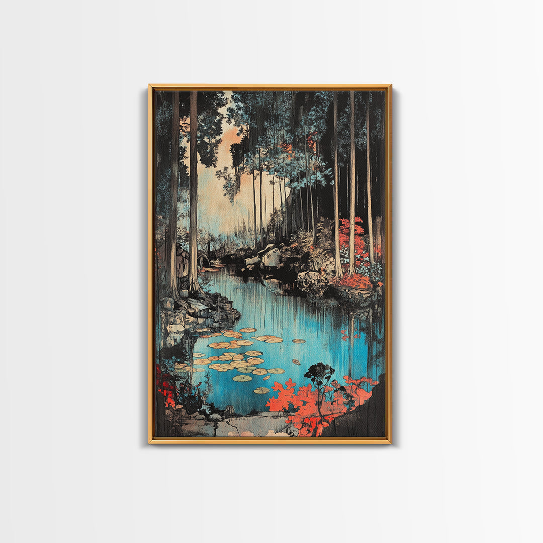 Forest Pond With Lily Pads And Red Foliage Canvas Print, Japanese Nature Wall Art, Moody Woodland Wall Decor For Bedroom