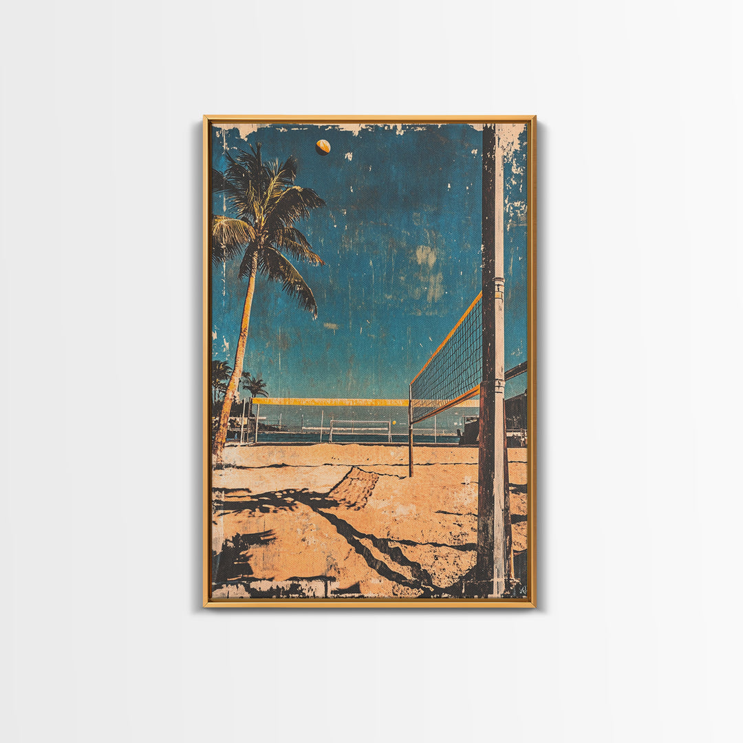 Beach Volleyball Court With Palm Tree And Ocean Wall Art, Tropical Coastal Canvas Print, Summer Decor For Modern Beach House