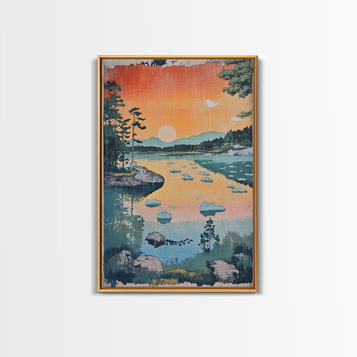 Orange Sunset Lake Landscape Canvas Print, Mountain Wall Art, Japandi Nature Print, Cabin Decor, Living Room Wall Art, Housewarming Gift