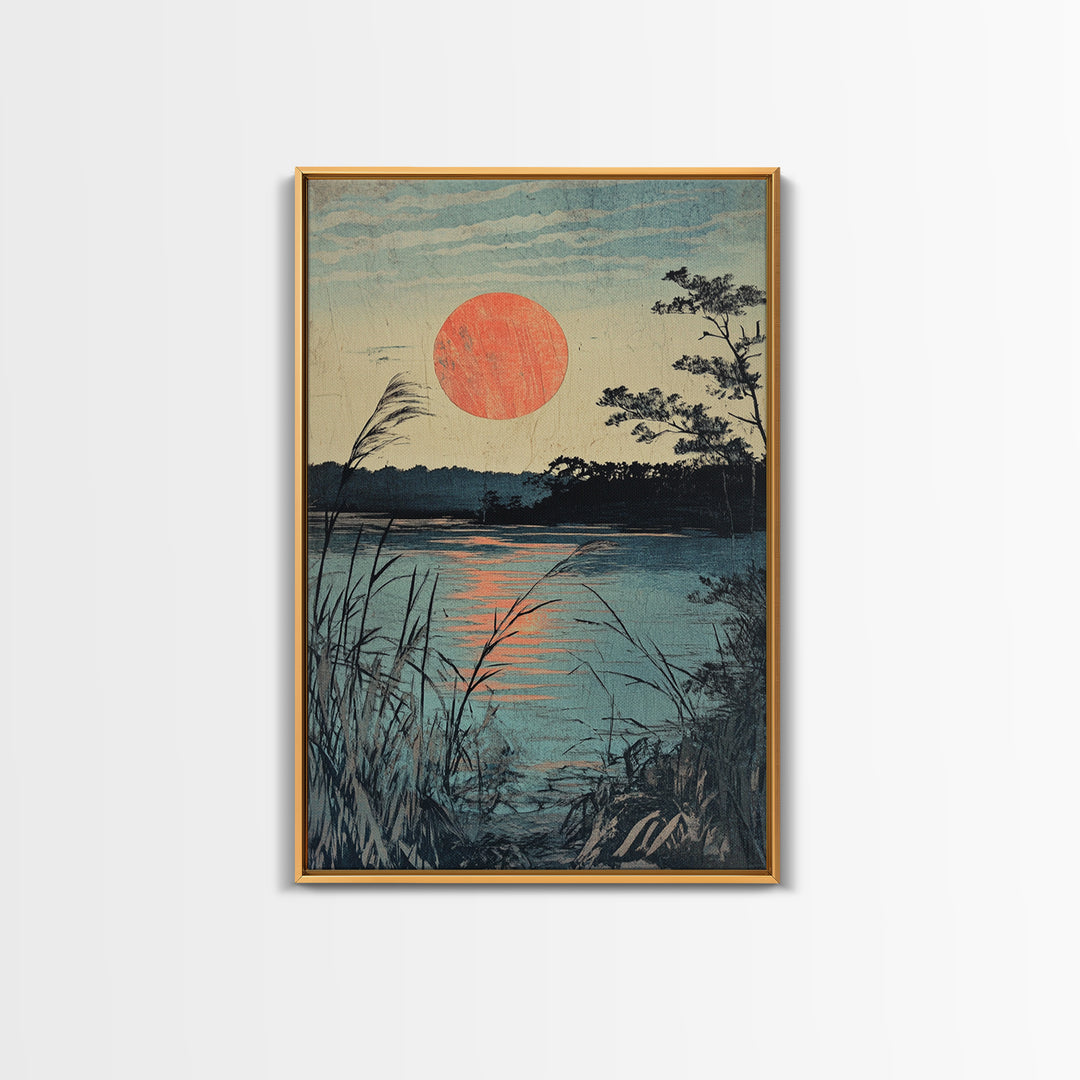 Quiet Lake Sunset With Reeds Wall Art, Japanese Landscape Canvas Print, Tranquil Coastal Decor, Serene Nature Fine Art Print