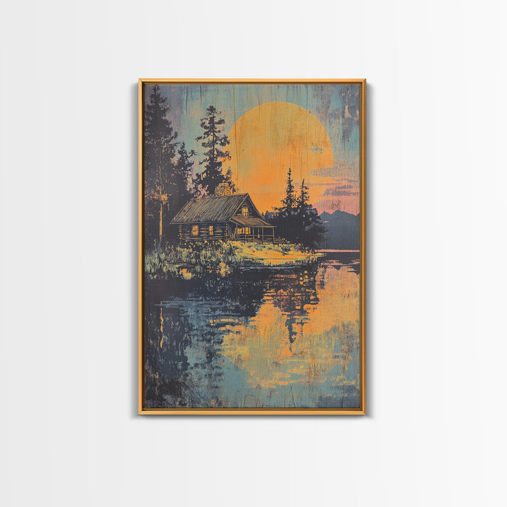 Moonlit Cabin Lake Wall Art, Forest Reflection Canvas Print, Rustic Landscape Poster, Cozy Lodge Living Room Decor, Home Decor