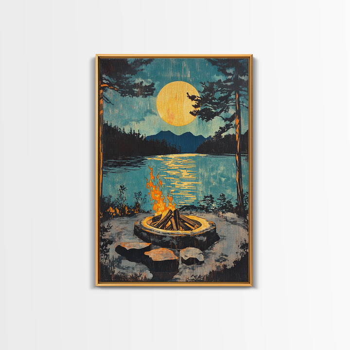 Campfire Moon Lake Canvas Print, Rustic Cabin Wall Art, Forest Landscape Poster, Cozy Camping Decor Gift For Him, Man Cave Decor