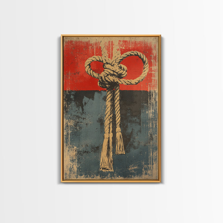 Nautical Rope Knot Canvas Print, Rustic Red And Blue Coastal Wall Decor, Maritime Art Print For Beach House And Man Cave