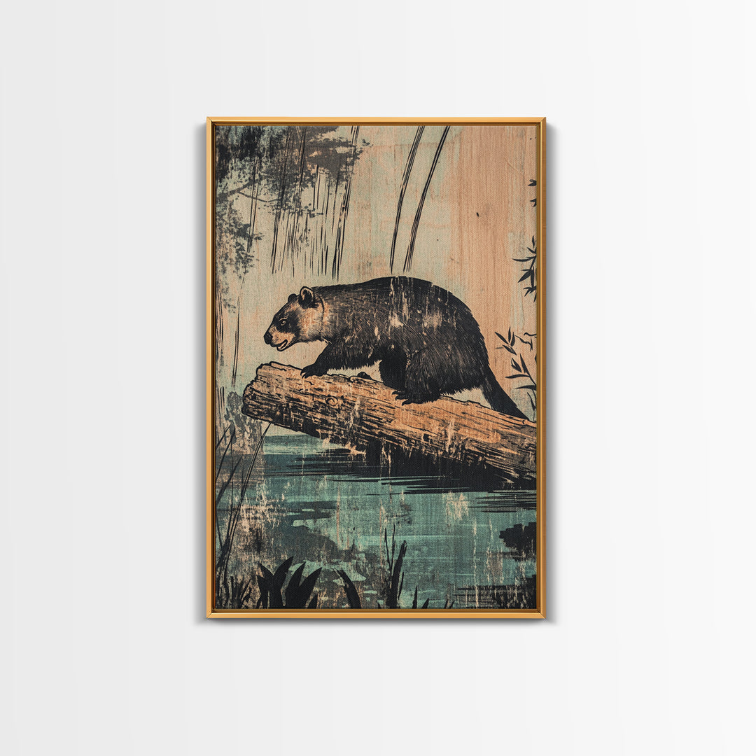 Black Bear On Log Wall Art, Rustic Wildlife Painting Style, Woodland Animal Decor, Cabin Nature Art Print For Living Room
