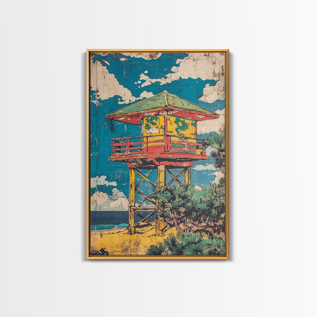Colorful Beach Lifeguard Tower Wall Art, Retro Coastal Travel Poster, Tropical Ocean Decor, Summer Beach House Art Print