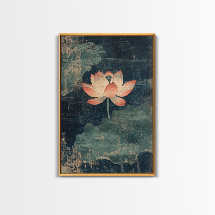 Pink Lotus Pond Wall Art, Dark Teal Botanical Canvas Print, Zen Water Lily Decor, Asian Inspired Spa And Meditation Room