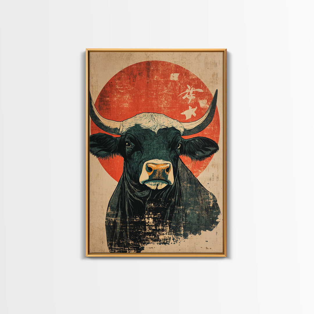 Black Bull Red Sun Canvas Print, Rustic Farm Animal Wall Art, Western Japandi Decor, Bold Kitchen Art, Housewarming Gift