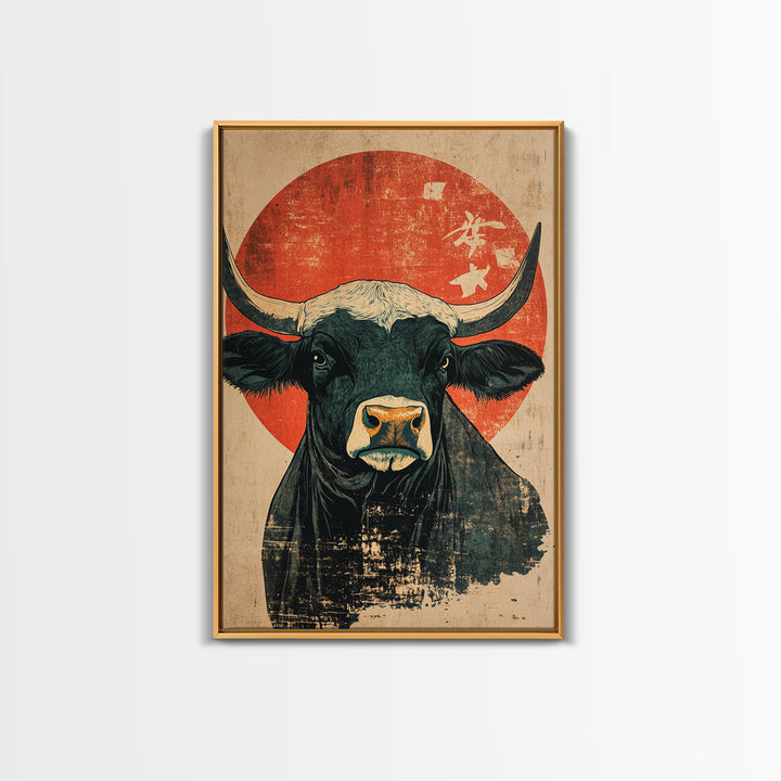 Black Bull Red Sun Canvas Print, Rustic Farm Animal Wall Art, Western Japandi Decor, Bold Kitchen Art, Housewarming Gift