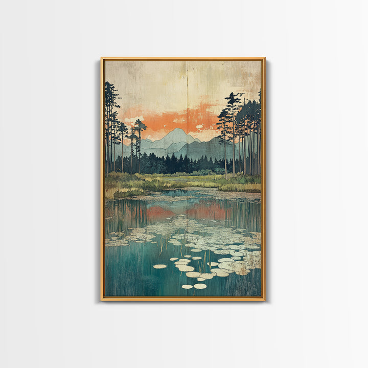 Mountain Lake Lily Pads Framed Canvas Print, Serene Landscape Wall Art, Japandi Nature Decor, Living Room Home Decor, Office Wall Art