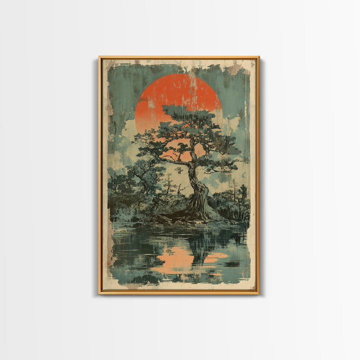 Pine Tree Island Red Sun Wall Art, Moody Japanese Landscape Print, Japandi Lake Decor, Serene Nature Framed Canvas Print