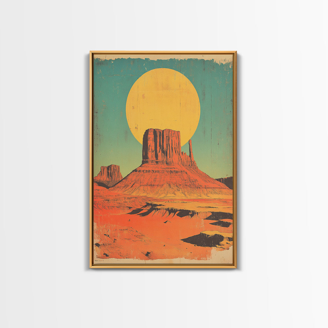 Desert Mesa With Golden Sun Canvas Print, Southwestern Wall Art, Retro Western Landscape Poster, Boho Earth Tone Decor Gift