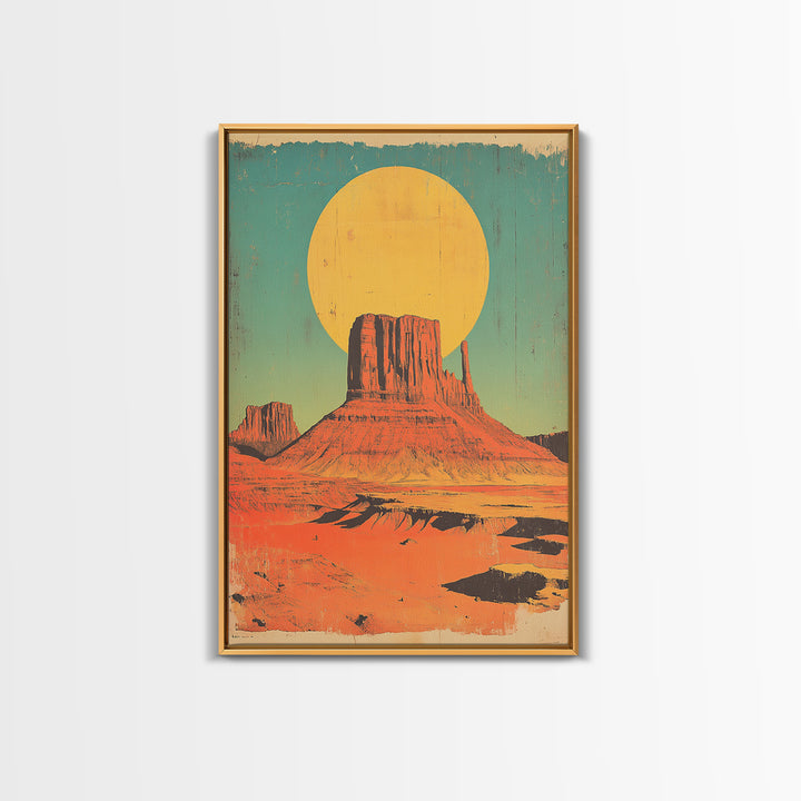 Desert Mesa With Golden Sun Canvas Print, Southwestern Wall Art, Retro Western Landscape Poster, Boho Earth Tone Decor Gift