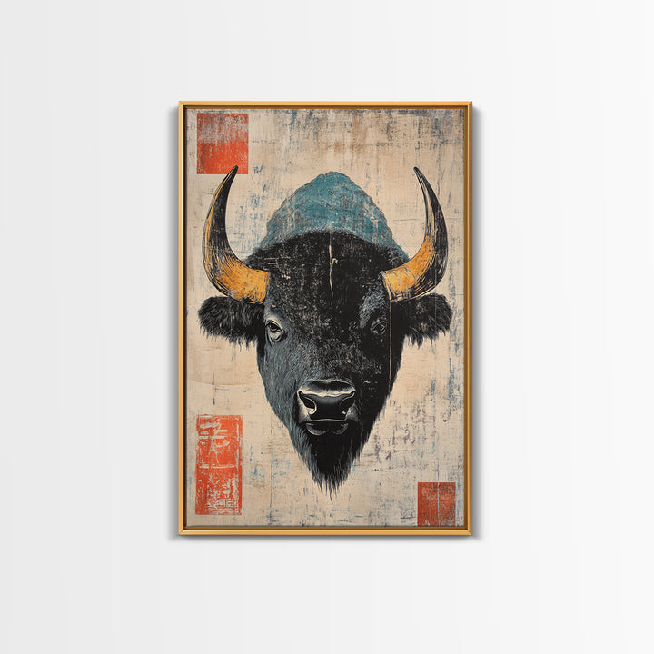 Black Bison Portrait Wall Art, Rustic Wildlife Art Print, Western Animal Wall Decor, Lodge Cabin Canvas Print Gift For Him
