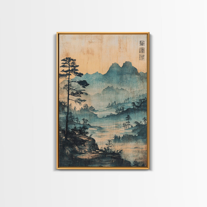Blue Mist Mountain Landscape Wall Art, Japanese Ink Painting Print, Zen Nature Wall Decor, Japandi Living Room Decor Gift