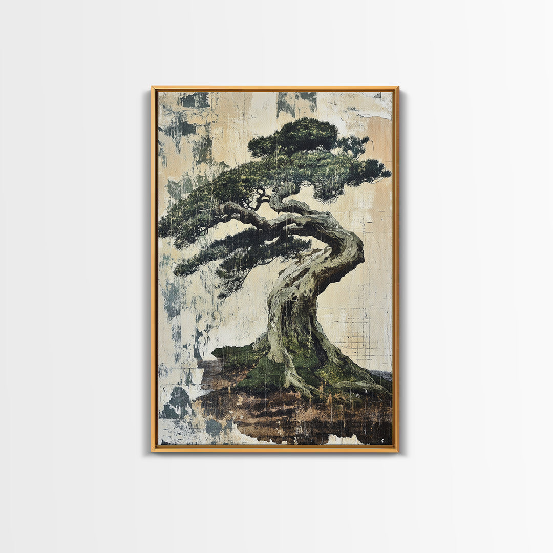 Twisted Windswept Bonsai Tree Wall Art, Japandi Nature Print, Zen Home Decor, Botanical Wall Decor, Framed Canvas Print, Office Decor