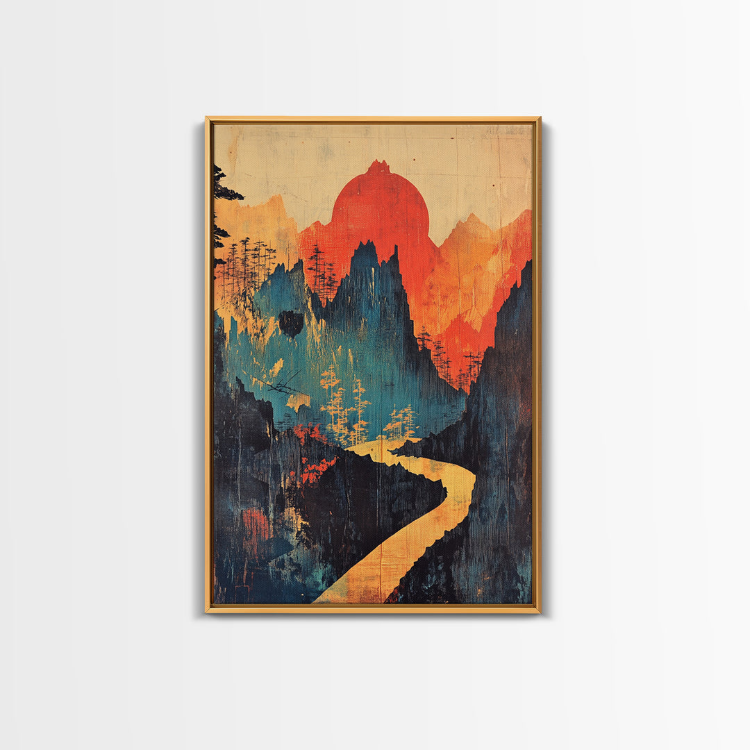 Red Sun Mountain River Wall Art, Abstract Landscape Print, Japandi Wall Decor, Organic Modern Art, Large Canvas Print, Statement Artwork