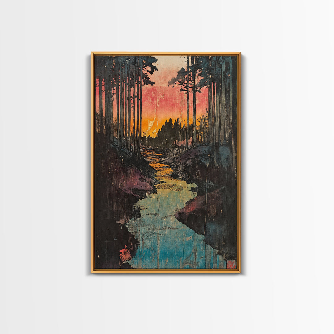 Sunset Forest River Canvas Print, Japanese Landscape Wall Art, Nature Wall Decor, Rustic Home Decor, Calming Living Room Art