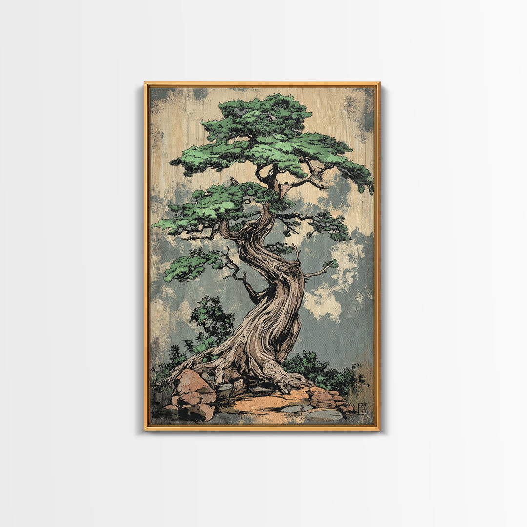 Twisted Bonsai Tree Wall Art, Japanese Zen Canvas Print, Nature Inspired Decor, Japandi Wall Decor, Calming Living Room Art