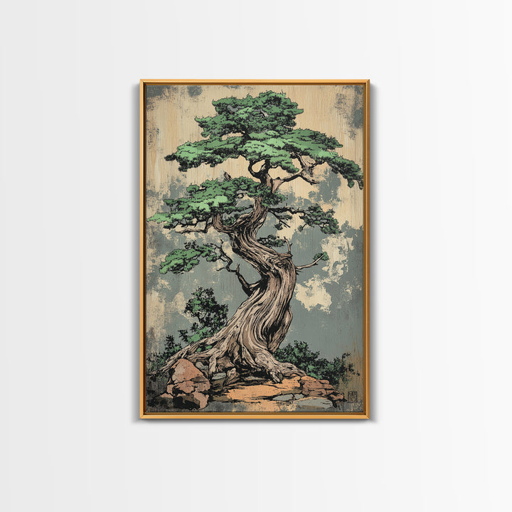 Twisted Bonsai Tree Wall Art, Japanese Zen Canvas Print, Nature Inspired Decor, Japandi Wall Decor, Calming Living Room Art