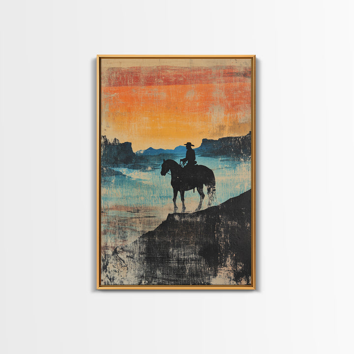 Cowboy Canyon Sunset Wall Art, Western Horse Canvas Print, Rustic Landscape Decor, Southwestern Art, Gift For Him, Living Room Decor