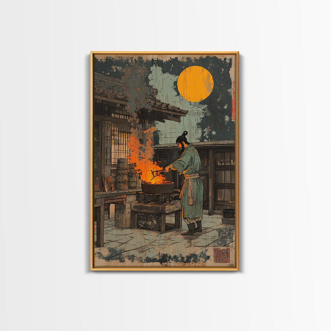 Japanese Blacksmith Night Wall Art, Moonlit Forge Canvas Print, Samurai Inspired Decor, Dramatic Ukiyo E Style Art Print