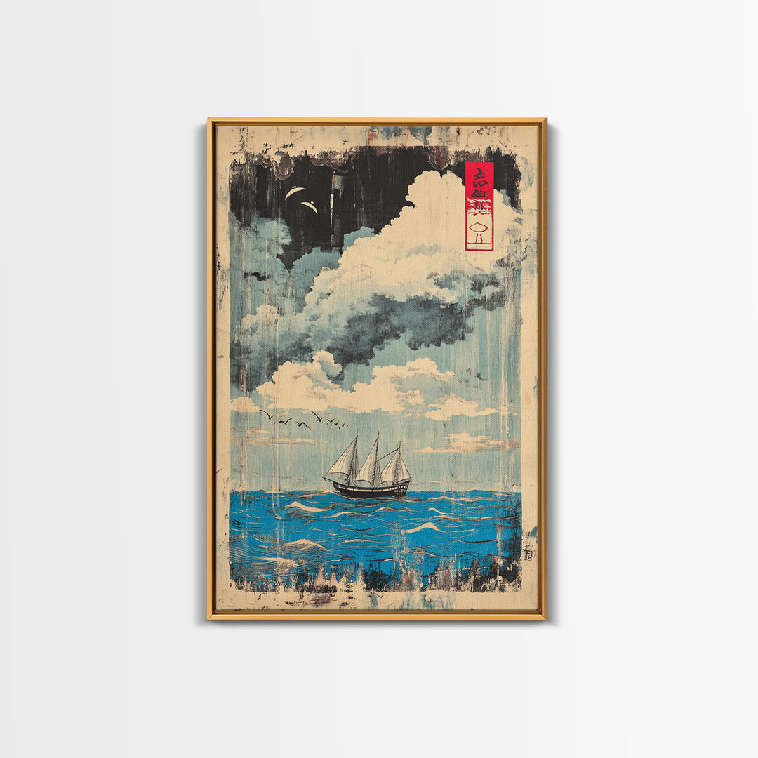 Sailboat Under Moonlit Clouds Canvas Print, Japanese Nautical Wall Art, Ocean Seascape Decor, Coastal Gift For Him And Her