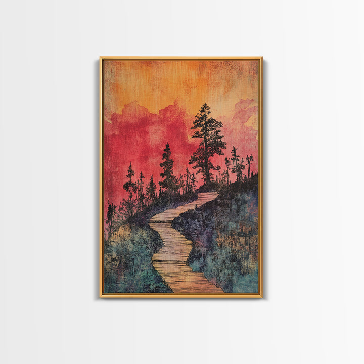 Winding Forest Path At Sunset Wall Art, Pink Orange Landscape Print, Rustic Cabin Decor, Cozy Nature Art For Bedroom Gift