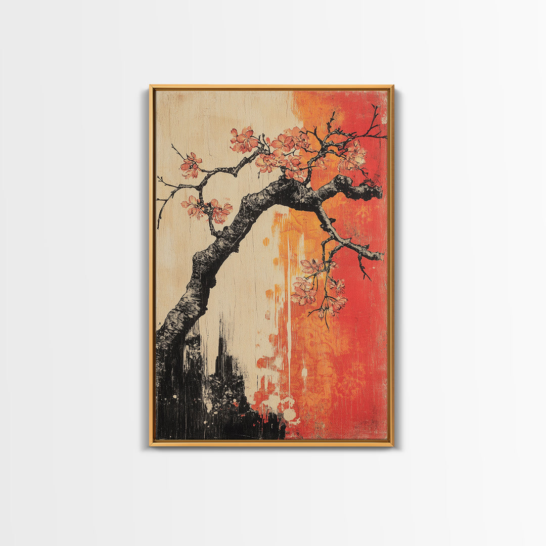 Cherry Blossom Branch Canvas Print, Japanese Floral Wall Art, Red Orange Botanical Decor, Japandi Living Room Art Gift Print