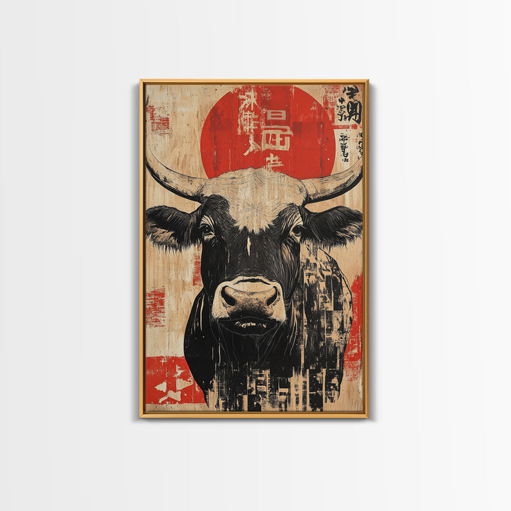 Black And White Bull With Red Sun Wall Art, Japanese Farm Animal Print, Rustic Asian Decor, Bold Kitchen Wall Decor Gift