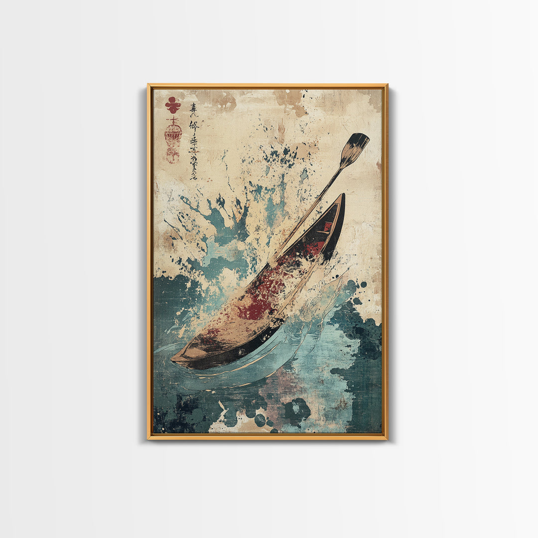 Canoe And Paddle Splash Canvas Print, Japanese Nautical Wall Art, Blue Ocean Decor, Adventure Travel Poster Gift For Coastal Home