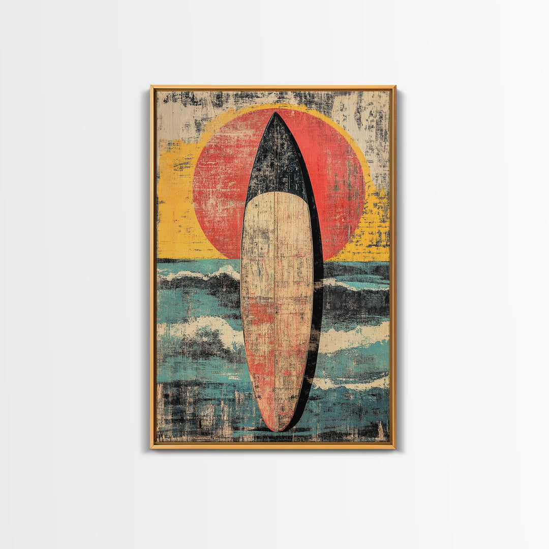 Retro Surfboard At Sunset Wall Art, Coastal Ocean Waves Print, Beach House Decor, Large Vertical Canvas For Surf Lovers Gift