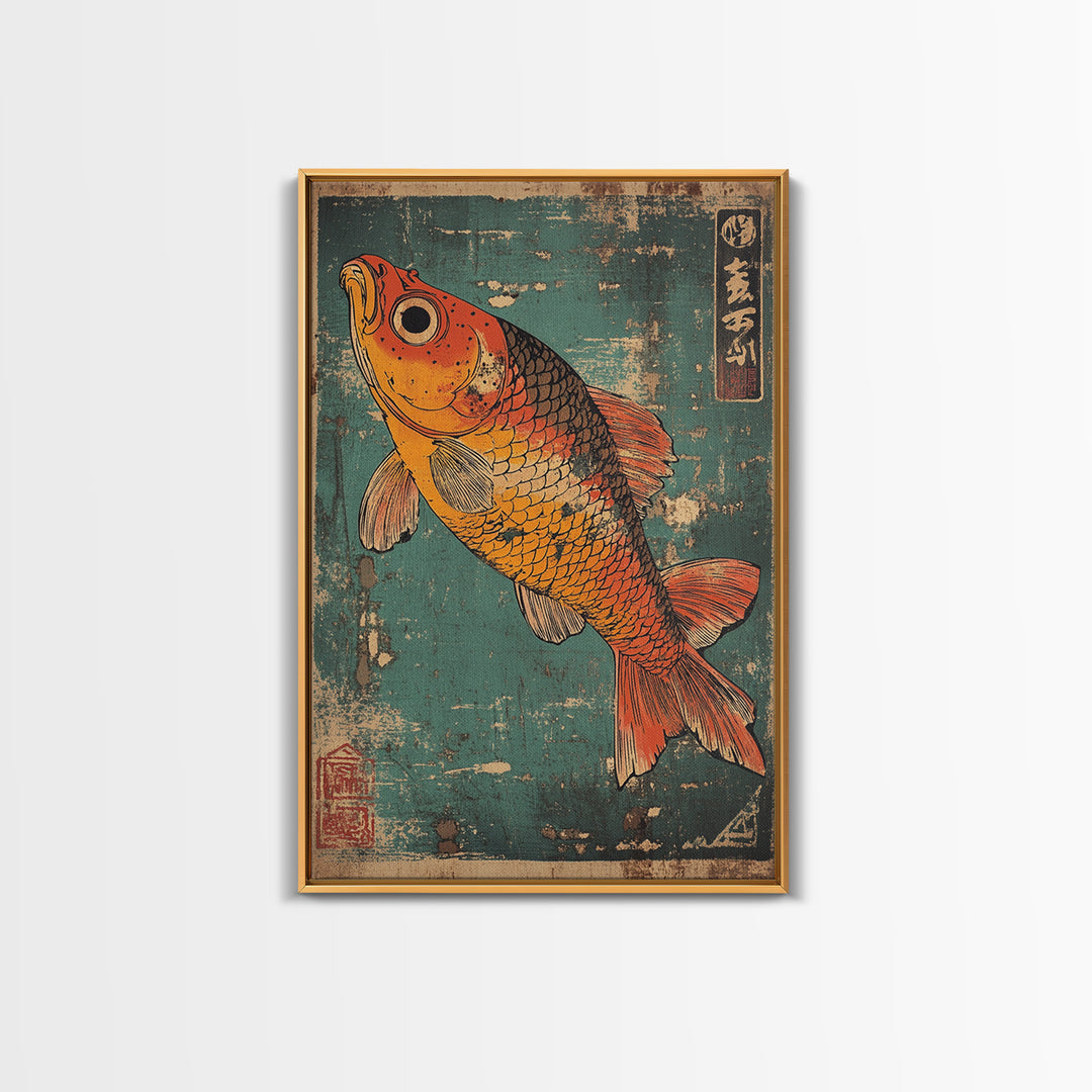 Orange Koi Fish Canvas Print, Japanese Animal Wall Art, Teal Blue Aquarium Decor, Nautical Coastal Gift For Fish Lover Home
