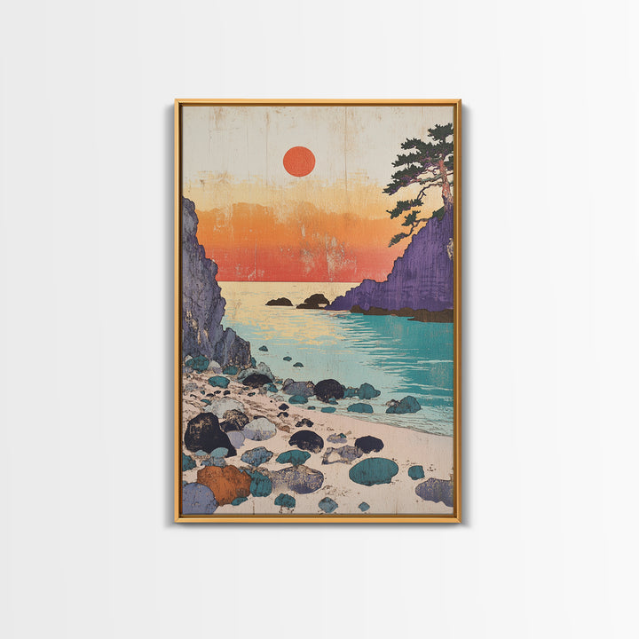 Purple Cliffs Sunset Cove Japanese Seascape Wall Art Coastal Print, Beach House Decor, Large Living Room Wall Decor Poster