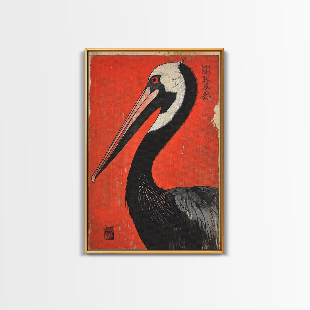Black Necked Crane Bird On Red Japanese Canvas Print Wildlife Wall Art, Asian Decor, Bold Animal Art Poster Gift For Bird Lovers