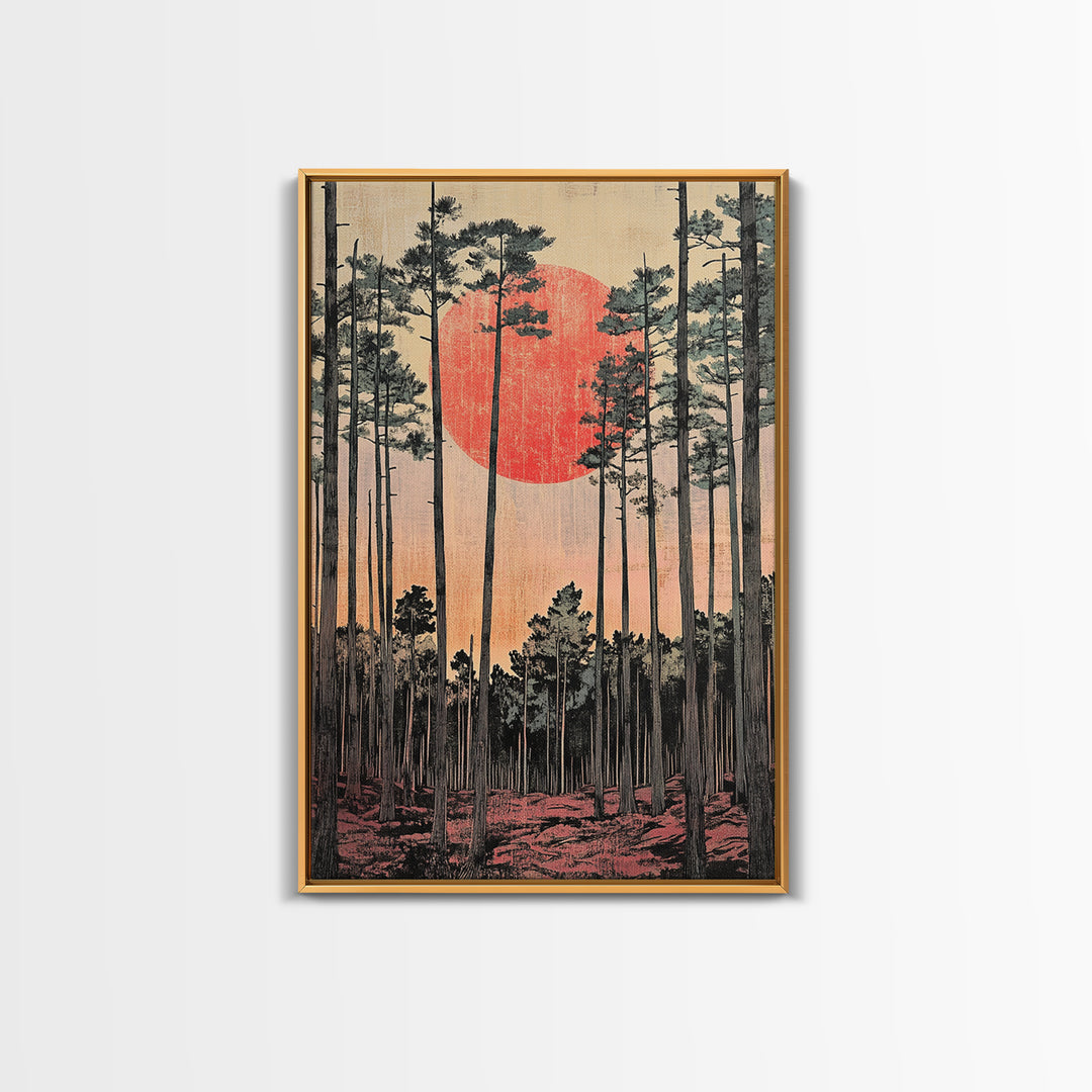 Tall Pine Forest Red Sun Japanese Landscape Wall Art, Japandi Decor, Nature Print, Large Living Room Wall Decor Poster Gift