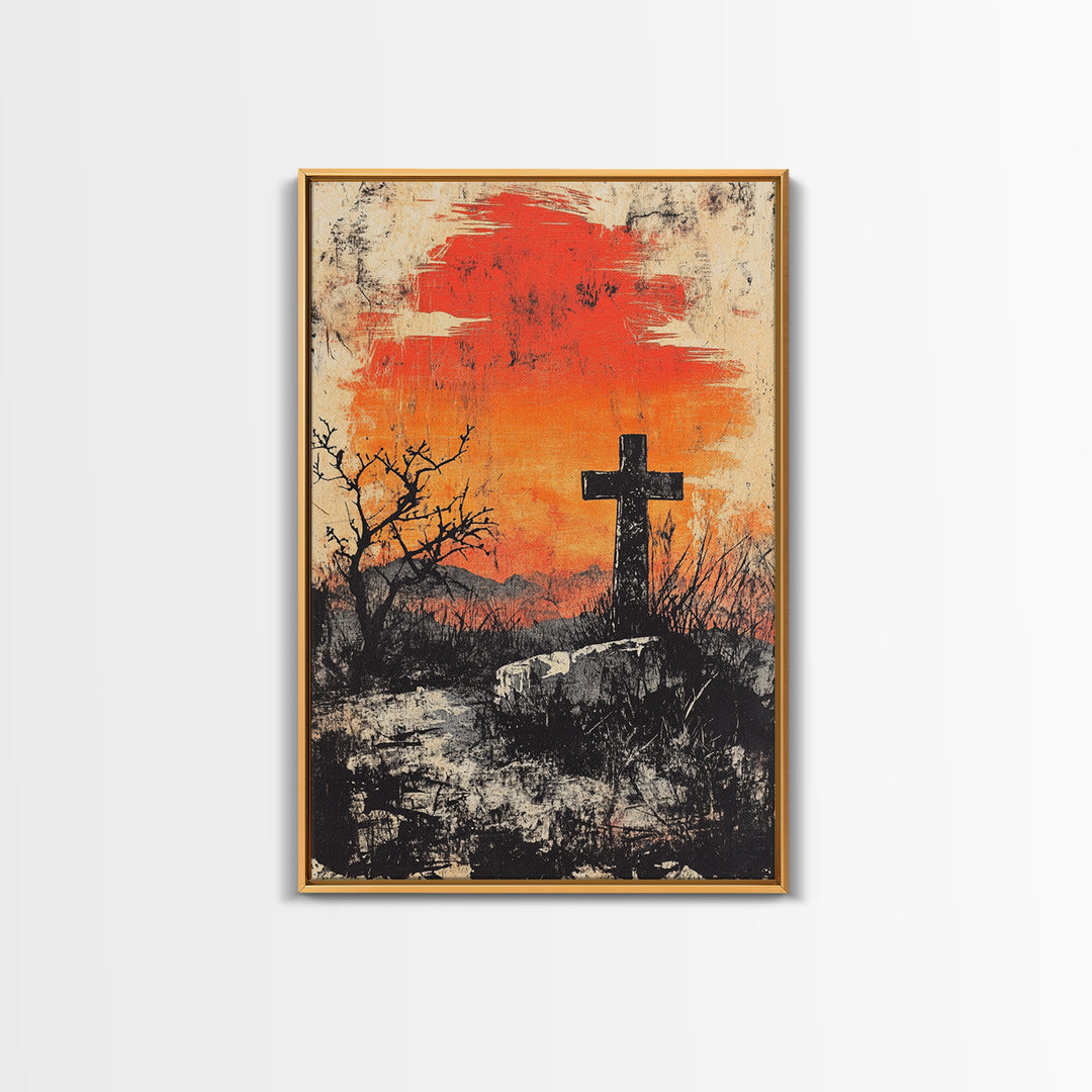 Black Cross At Fiery Sunset Framed Canvas Print, Christian Wall Art, Rustic Landscape, Faith Gift, Moody Home Decor Art