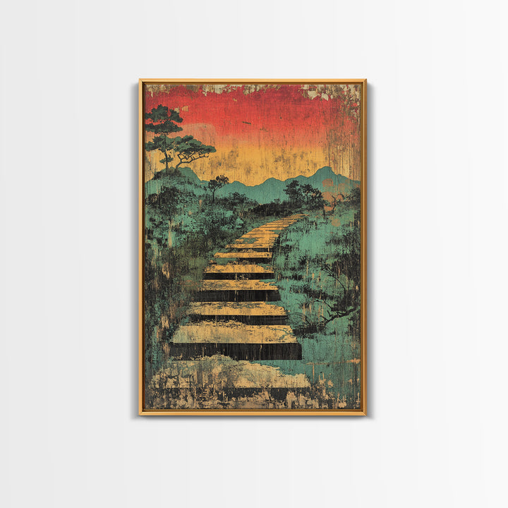 Sunset Boardwalk Through Misty Marsh Wall Art, Japanese Landscape Print, Rustic Nature Decor, Mountain Path Canvas Print