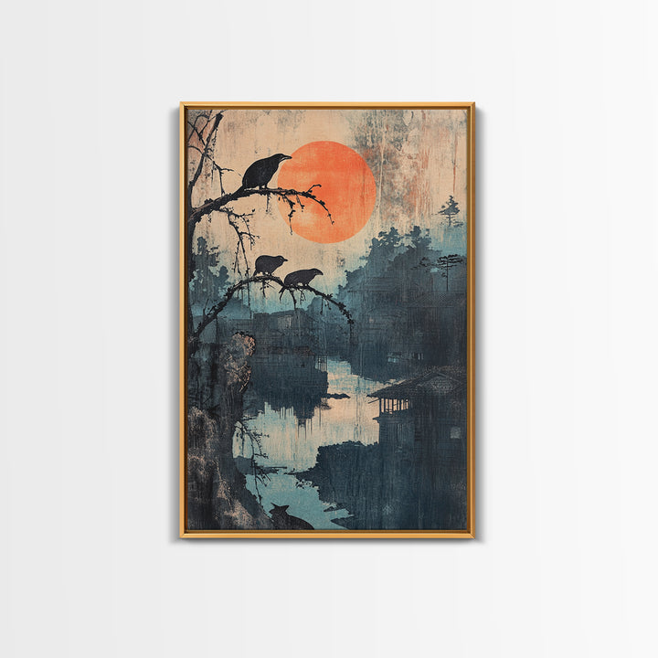Crows Over Misty River Framed Canvas Print, Japanese Landscape Wall Art, Moody Nature Decor, Orange Sun, Bird Art Print