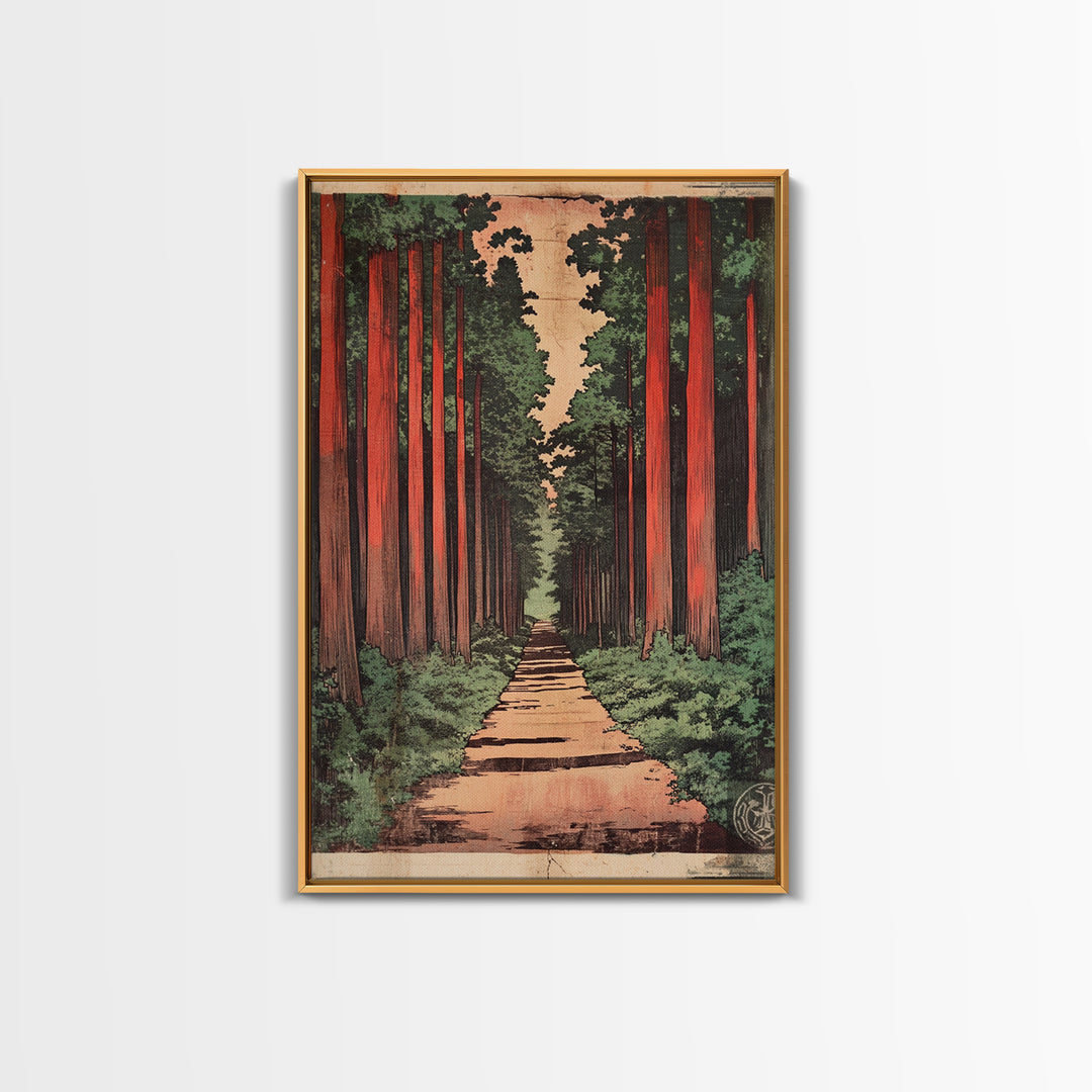 Tall Cedar Forest Path Wall Art, Japanese Woodland Landscape Print, Rustic Nature Canvas Print, Entryway Decor Housewarming Gift