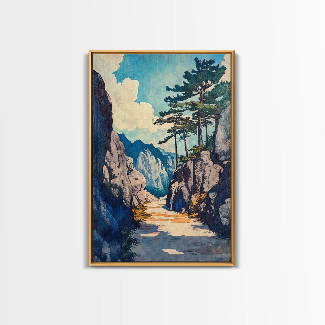 Rocky Mountain Pass Wall Art, Alpine Landscape Canvas Print, Japanese Style Nature Decor, Large Living Room Wall Art Gift