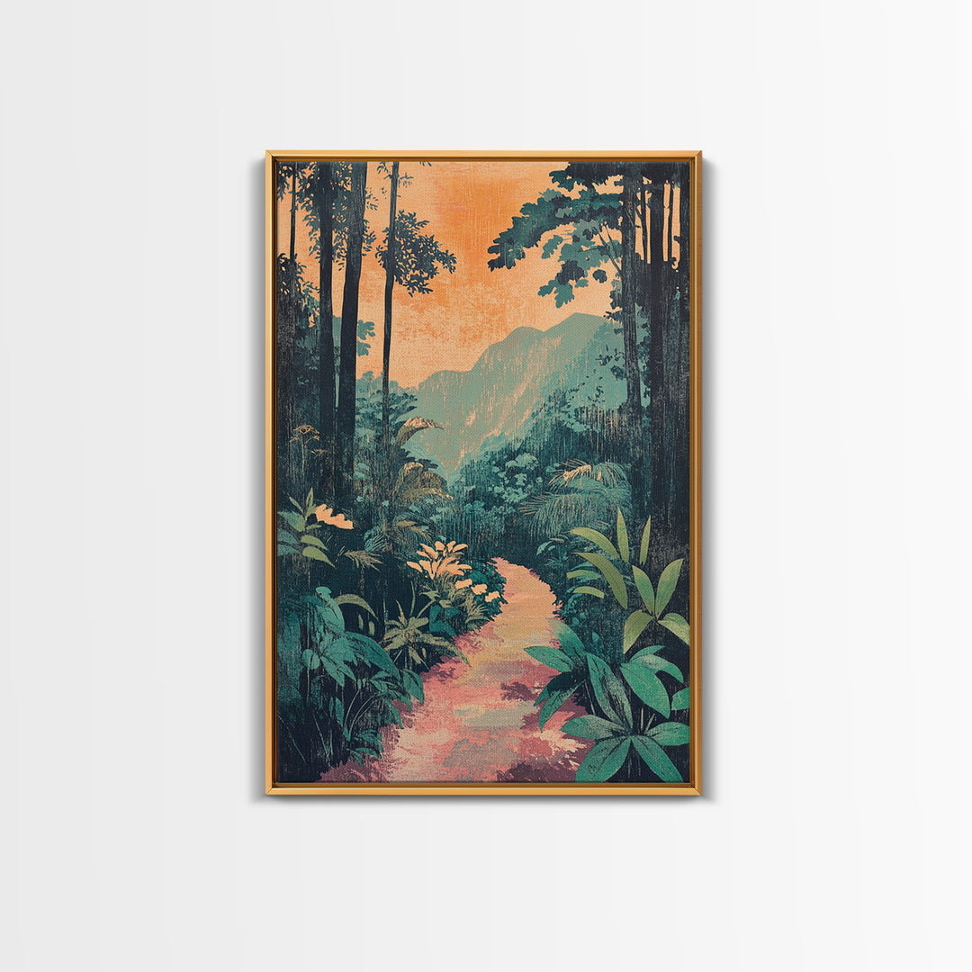 Tropical Jungle Path Wall Art, Lush Botanical Landscape Print, Boho Nature Canvas Print, Vibrant Living Room Decor Gift For Her