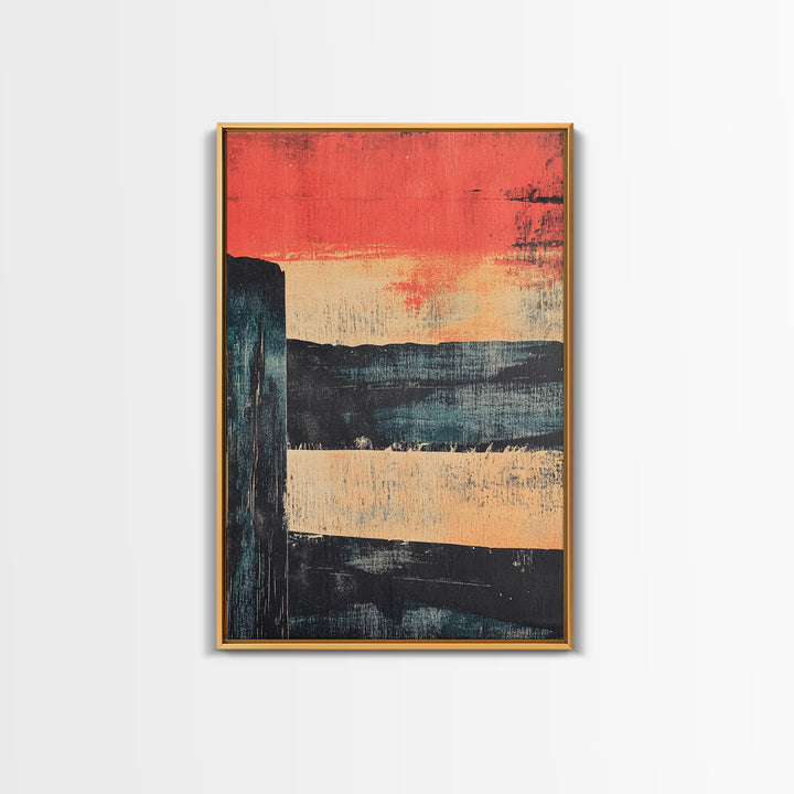 Red Sunset Abstract Seascape Wall Art, Modern Landscape Print, Moody Coastal Decor, Oversized Living Room Art, Above Sofa Decor