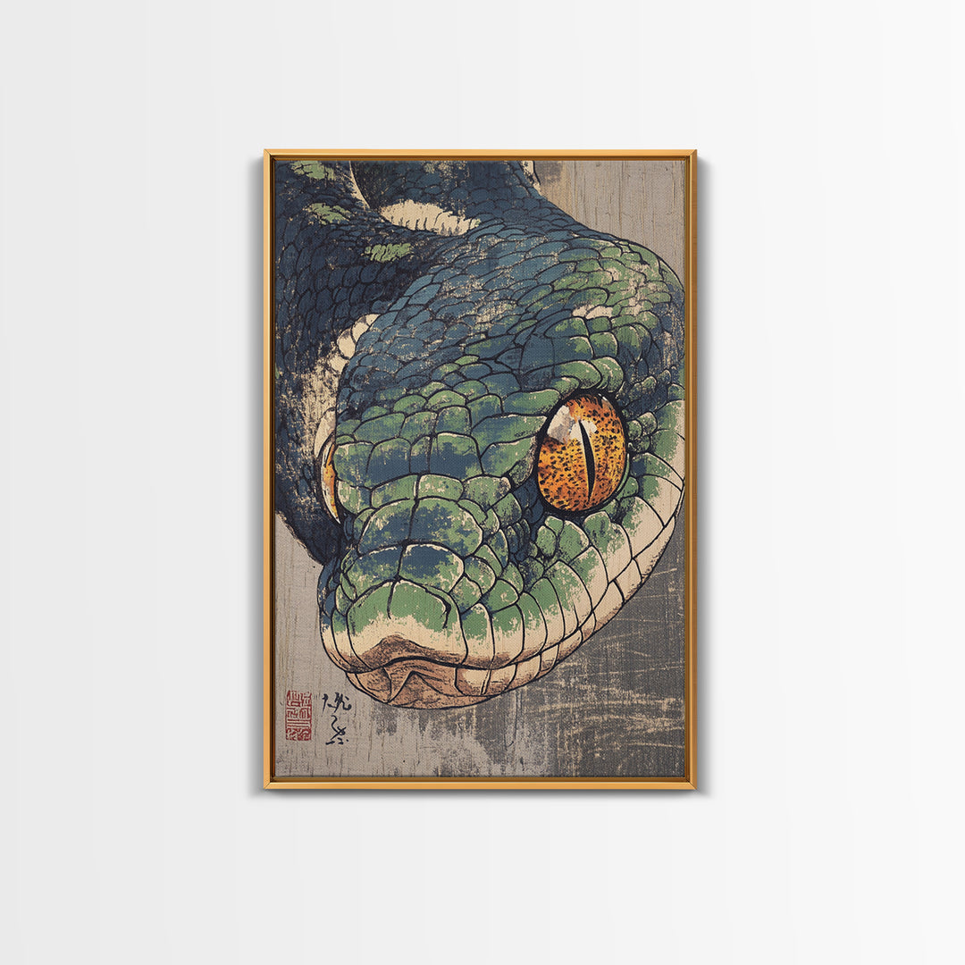 Green Snake Portrait Canvas Print, Japanese Animal Wall Art, Reptile Illustration, Bold Wildlife Decor For Home, Gift For Him