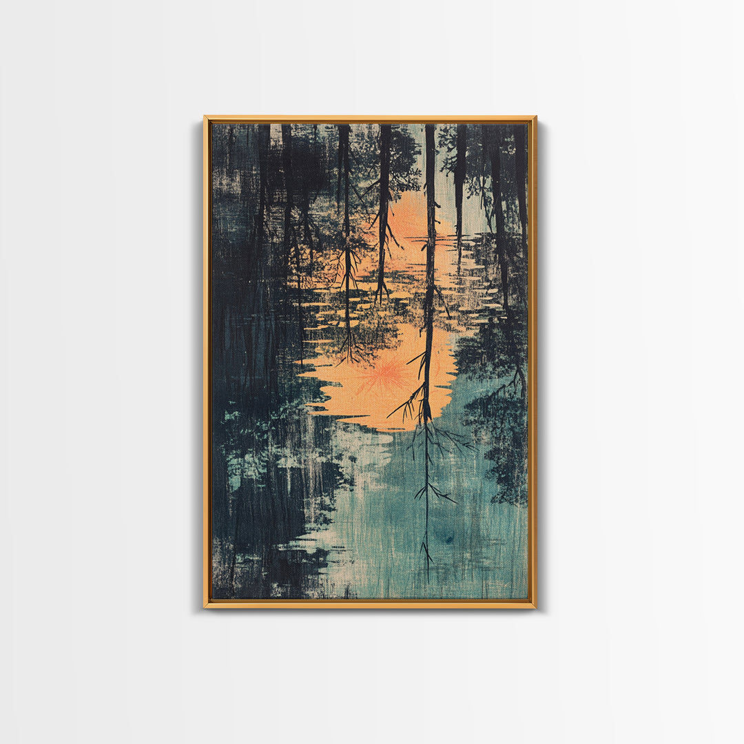 Misty Forest Lake Reflection Wall Art, Moody Landscape Print, Nature Wall Decor, Rustic Home Decor, Framed Canvas Print